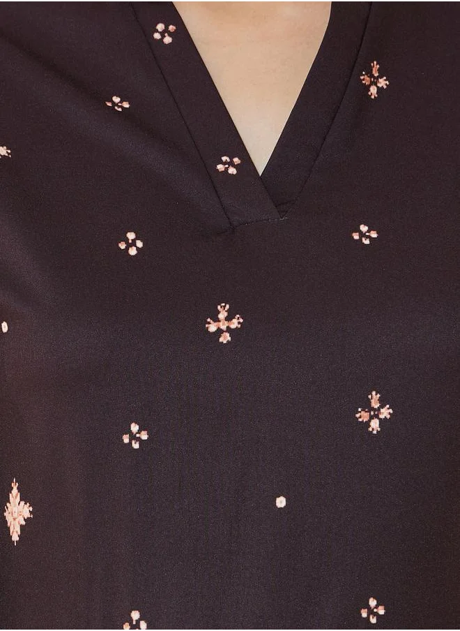 تايك تو Ditsy Print V Neck A-Line Knee Length Dress