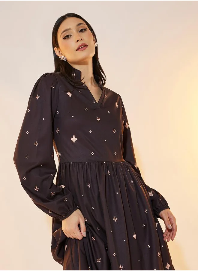 تايك تو Ditsy Print V Neck A-Line Knee Length Dress