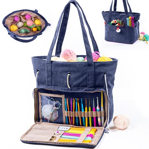 MYBAGZING Large Yarn Tote Organizer Corduroy Knitting Storage Holder for Yarn Hooks Accessories Portable Craft Carryall for Crocheting Lovers Mothers Day Gift - Image 1