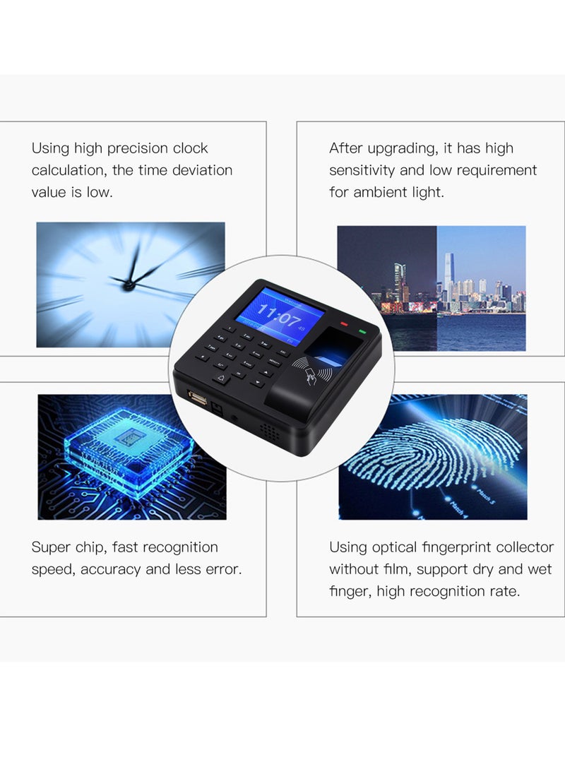 Generic - 2.4 Inch Display Screen Access Control Time Attendance Machine Fingerprint/Password/ID Card Recognition Time Clock Employee Checking-in Recorder Multi-language Support U Disk Export Report - Image 1