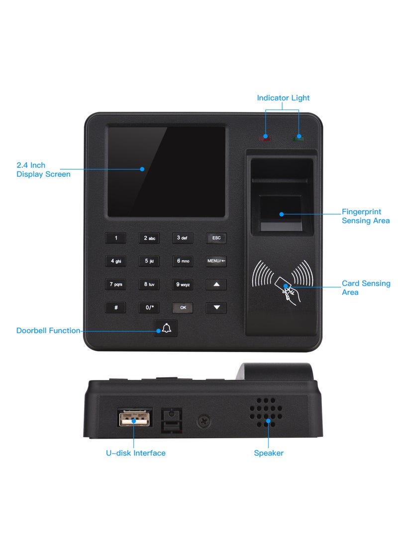 Generic - 2.4 Inch Display Screen Access Control Time Attendance Machine Fingerprint/Password/ID Card Recognition Time Clock Employee Checking-in Recorder Multi-language Support U Disk Export Report - Image 1