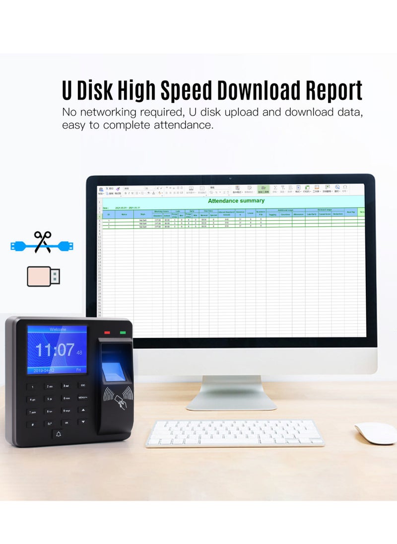 Generic - 2.4 Inch Display Screen Access Control Time Attendance Machine Fingerprint/Password/ID Card Recognition Time Clock Employee Checking-in Recorder Multi-language Support U Disk Export Report - Image 1