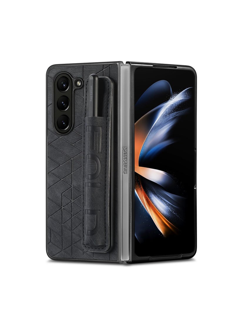 Aookay Case for Samsung Galaxy Z Fold 6, with Pen Holder [Finger Grip Strap], PU Leather Slim Back Cover Hard, with Hand Strap Case for Z Fold 6 [Not Include Pen] (Black)  - Image 5