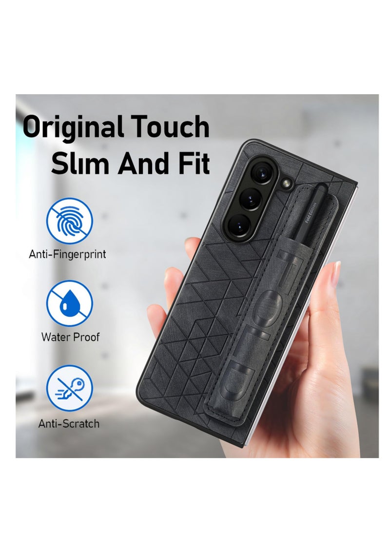 Aookay Case for Samsung Galaxy Z Fold 6, with Pen Holder [Finger Grip Strap], PU Leather Slim Back Cover Hard, with Hand Strap Case for Z Fold 6 [Not Include Pen] (Black)  - Image 3