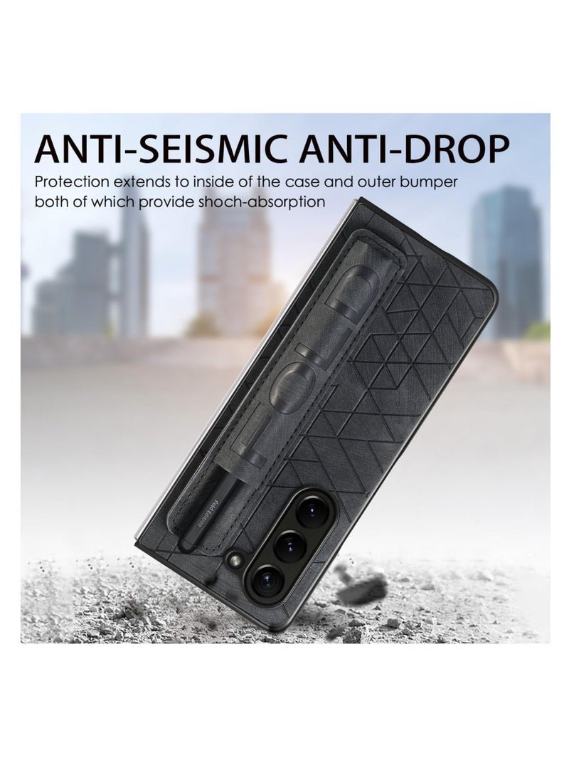 Aookay Case for Samsung Galaxy Z Fold 6, with Pen Holder [Finger Grip Strap], PU Leather Slim Back Cover Hard, with Hand Strap Case for Z Fold 6 [Not Include Pen] (Black)  - Image 4