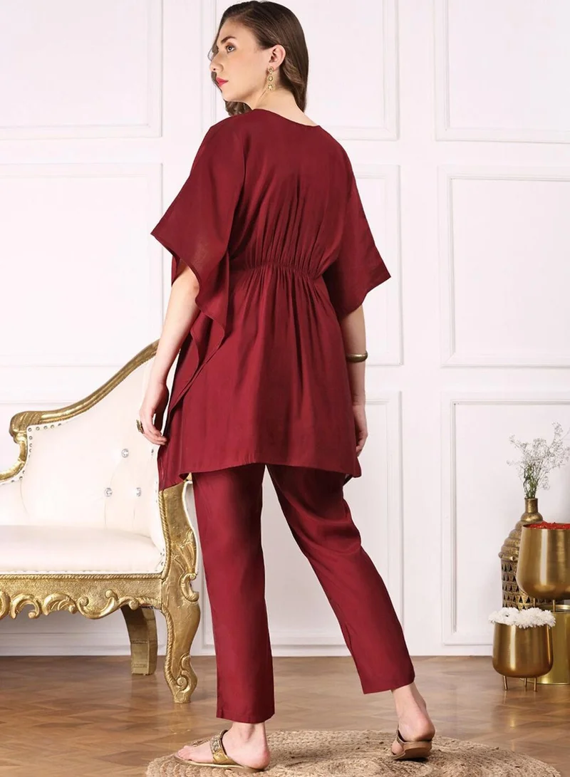 ISHIN Women's Maroon Viscose Silk Self Design Full Length Palazzo Kurta Set
