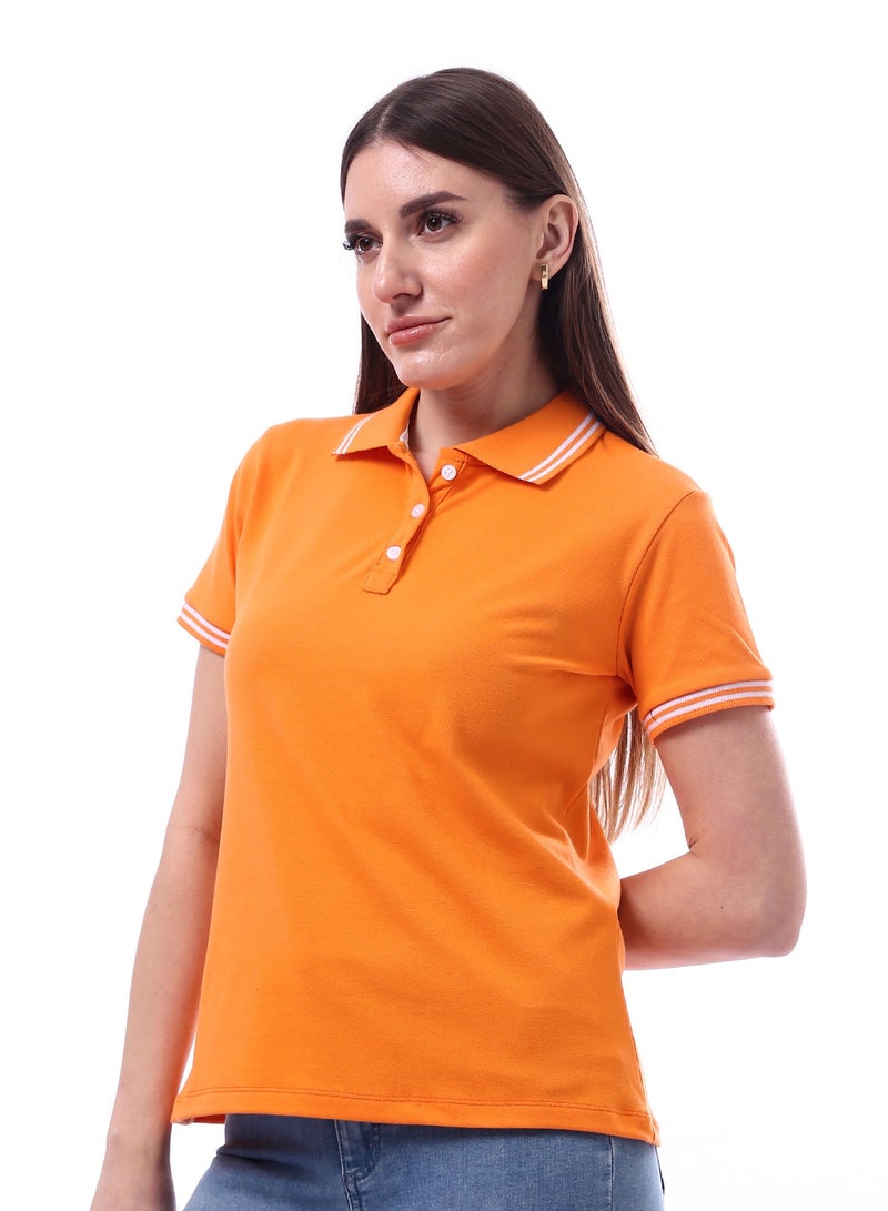 Andora Woman Turn Down Collar Solid Polo Shirt _ Orange - Image 2
