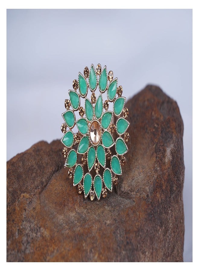 JFL - Jewellery for Less Fashion Gold Tone Floral CZ LCD Diamond Studded Adjustable Finger Ring for Women & Girls(Peacock Green),Valentine - Image 3