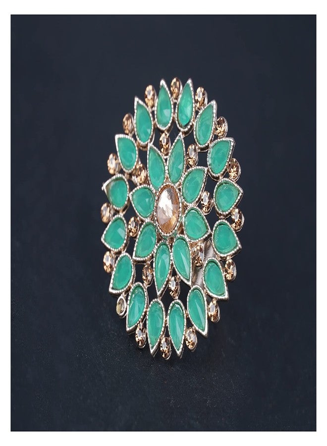 JFL - Jewellery for Less Fashion Gold Tone Floral CZ LCD Diamond Studded Adjustable Finger Ring for Women & Girls(Peacock Green),Valentine - Image 4
