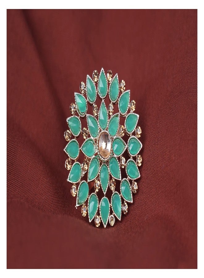 JFL - Jewellery for Less Fashion Gold Tone Floral CZ LCD Diamond Studded Adjustable Finger Ring for Women & Girls(Peacock Green),Valentine - Image 5