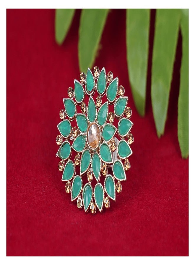 JFL - Jewellery for Less Fashion Gold Tone Floral CZ LCD Diamond Studded Adjustable Finger Ring for Women & Girls(Peacock Green),Valentine - Image 2