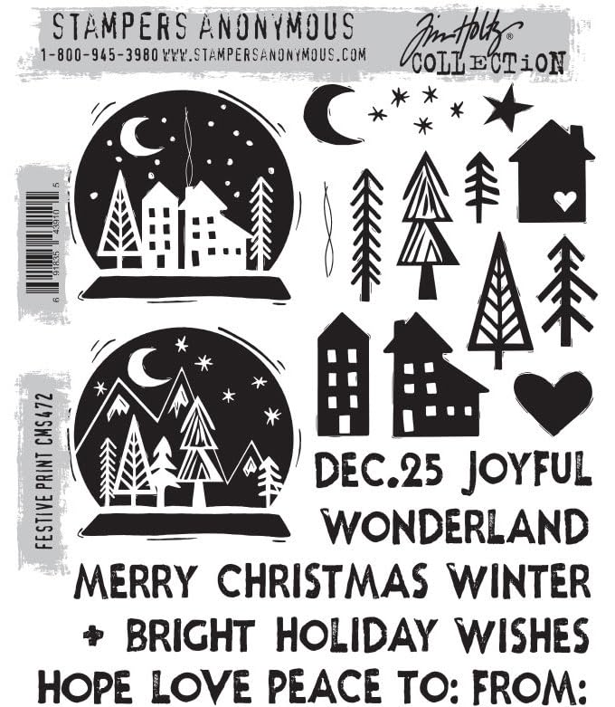 Tim Holtz Stampers Anonymous Festive Print Cling Stamp Set + Carnora Mesh Storage Bag, September 2023 Release (CAR2CMS472) - Image 2