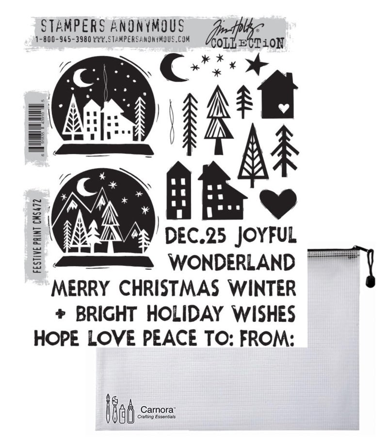 Tim Holtz Stampers Anonymous Festive Print Cling Stamp Set + Carnora Mesh Storage Bag, September 2023 Release (CAR2CMS472) - Image 5