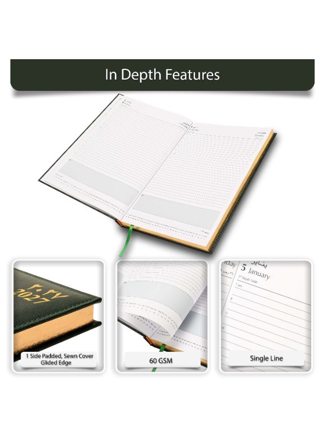 FIS 2027 Golden A4 Diary, 210x297mm, 1 Side Padded & Sewn Vinyl Cover, Gold Gilded Edges, 1 Day a Page Format, Arabic/English, 60gsm White Paper, Green Cover - FSDI43AEG27GR - Image 5