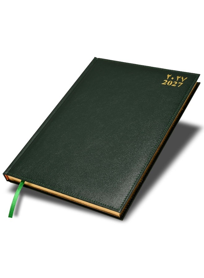 FIS 2027 Golden A4 Diary, 210x297mm, 1 Side Padded & Sewn Vinyl Cover, Gold Gilded Edges, 1 Day a Page Format, Arabic/English, 60gsm White Paper, Green Cover - FSDI43AEG27GR - Image 1