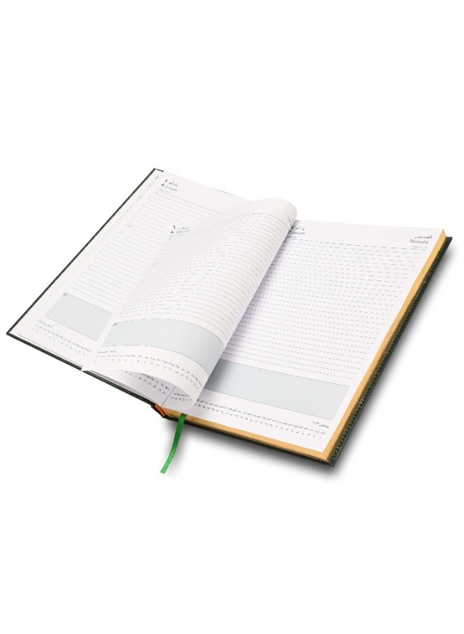 FIS 2027 Golden A4 Diary, 210x297mm, 1 Side Padded & Sewn Vinyl Cover, Gold Gilded Edges, 1 Day a Page Format, Arabic/English, 60gsm White Paper, Green Cover - FSDI43AEG27GR - Image 2