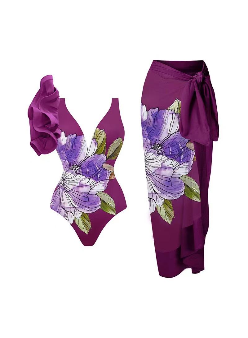 Y&D 2-Piece Women Single Shoulder Lotus Leaf Edge Printed Swimsuit With Skirt Holiday Beach Dress Female Retro Swimwear Vintage Surf Wear Summer  - Image 1