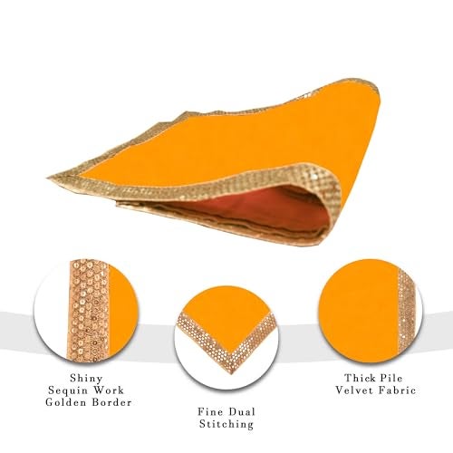 Dulhan DLC CD Lace Sequence Work Yellow Velvet Pooja Cloth for God, 15x30 inch Altar Cloth for Puja, Pack of 2 Large Aasan for Home Temple or mandir - Image 4