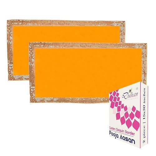 Dulhan DLC CD Lace Sequence Work Yellow Velvet Pooja Cloth for God, 15x30 inch Altar Cloth for Puja, Pack of 2 Large Aasan for Home Temple or mandir - Image 1