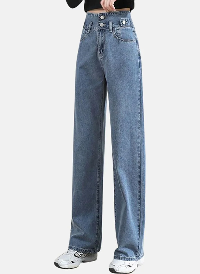 YUNIQEE Blue Solid Mid Rise Straight Fit Straight Jeans
