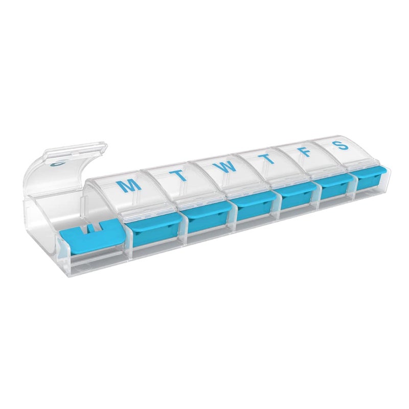 EZY DOSE Weekly (7-Day) AM/PM Daily Pill Organizer, Vitamin Case, and Medicine Container, X-Large Compartments, Arthritis Friendly, Convenient with Effortless Portability, Clear/Blue Lids, BPA Free - Image 1