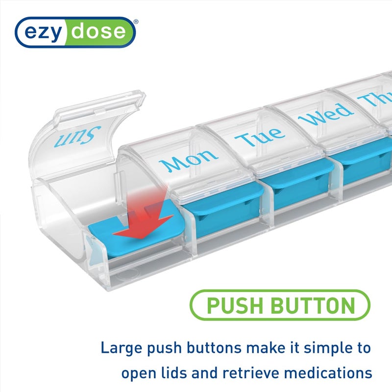 EZY DOSE Weekly (7-Day) AM/PM Daily Pill Organizer, Vitamin Case, and Medicine Container, X-Large Compartments, Arthritis Friendly, Convenient with Effortless Portability, Clear/Blue Lids, BPA Free - Image 4