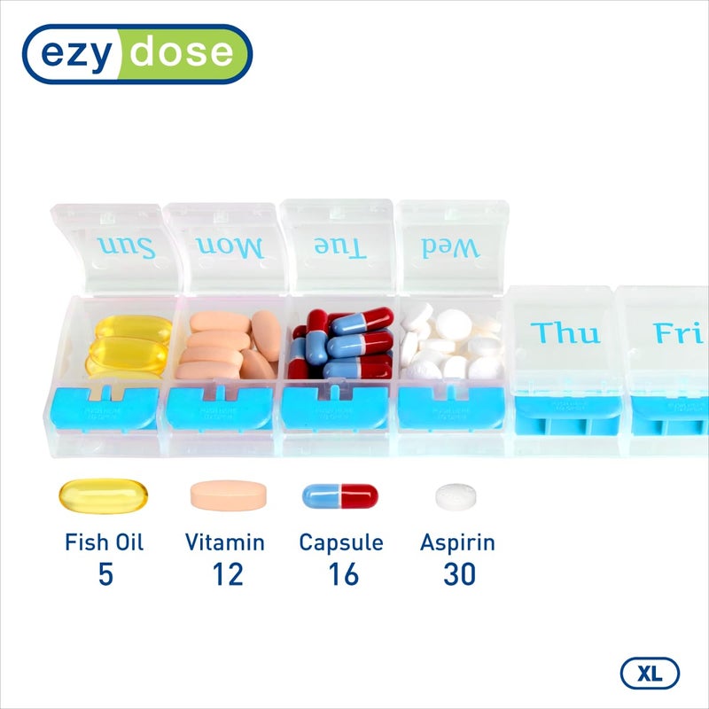 EZY DOSE Weekly (7-Day) AM/PM Daily Pill Organizer, Vitamin Case, and Medicine Container, X-Large Compartments, Arthritis Friendly, Convenient with Effortless Portability, Clear/Blue Lids, BPA Free - Image 3