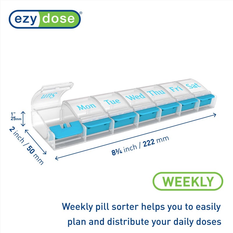 EZY DOSE Weekly (7-Day) AM/PM Daily Pill Organizer, Vitamin Case, and Medicine Container, X-Large Compartments, Arthritis Friendly, Convenient with Effortless Portability, Clear/Blue Lids, BPA Free - Image 2