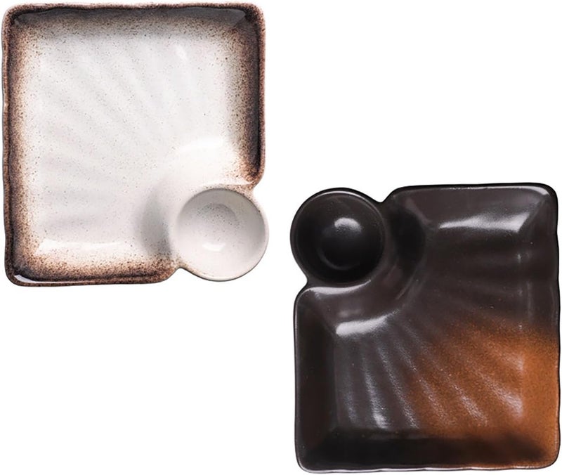 FYUEROPA Ceramic Dumpling Plate with Dipping Saucer Sushi Dish Serving Dish Chips and Snack Plate Japanese Style 75 Inch Set of 2 Brown  - Image 1