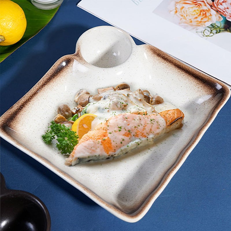 FYUEROPA Ceramic Dumpling Plate with Dipping Saucer Sushi Dish Serving Dish Chips and Snack Plate Japanese Style 75 Inch Set of 2 Brown  - Image 4