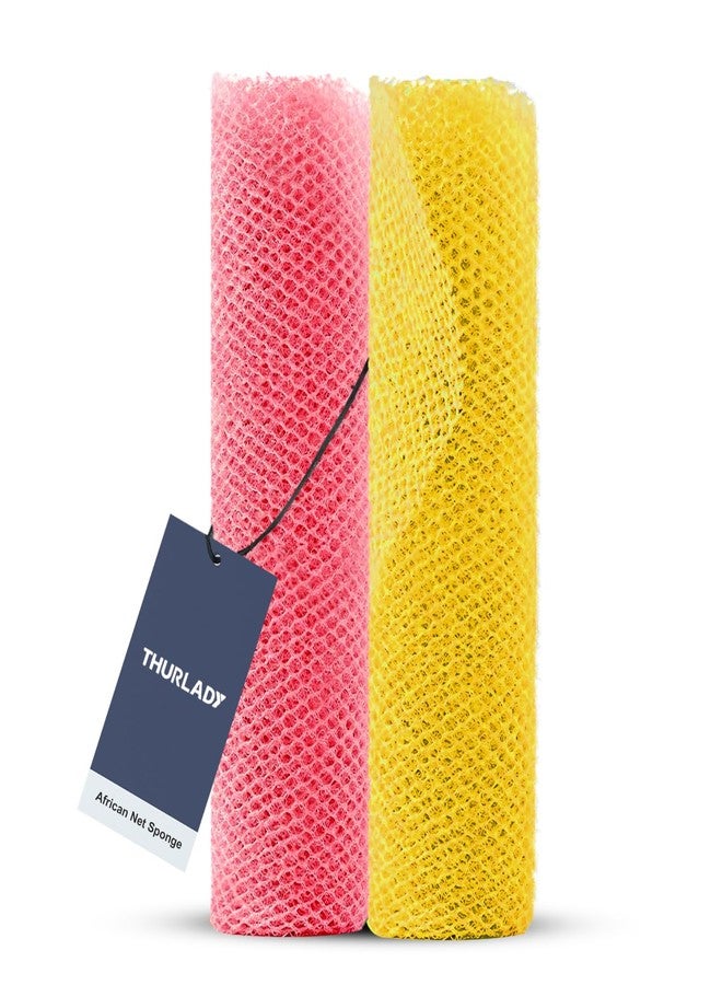 THURLADY 2 Pieces African Net Sponge, African Scrub Bath Net, Exfoliating Body Back Scrubber for All Skin Types, Exfoliating Washcloth, Shower Essentials, Deep Cleansing, Smoother Skin (Yellow & Pink)