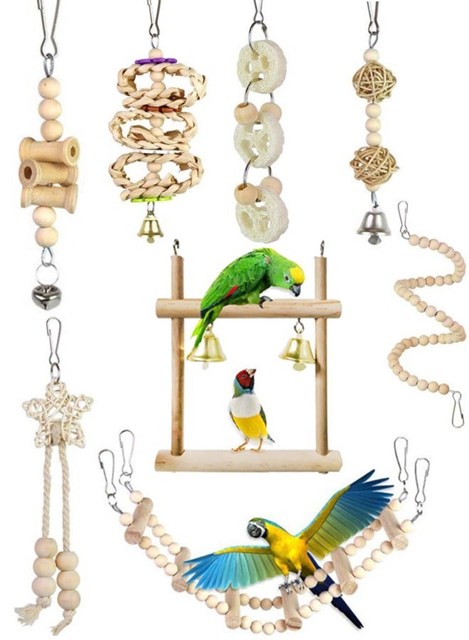 Natural Wood Bird and Parrot Swing Toys Includes Hanging Chew Swing, Climbing Ladder and Bird Cage for Parrot, Parakeet, Conure, Cockatiel, Mynah, Lovebirds and Finches, 8 Pieces - Image 1