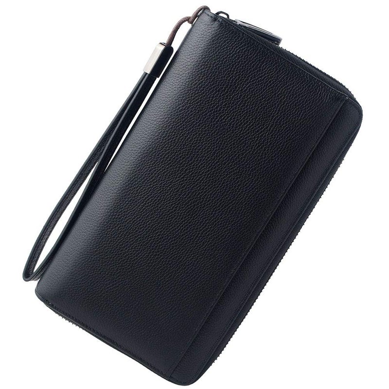 Bveyzi Travel Document Organizer RFID Blocking Leather Multiple Passport Wallet Family Holder Id Wrist Strap(Black) - Image 1
