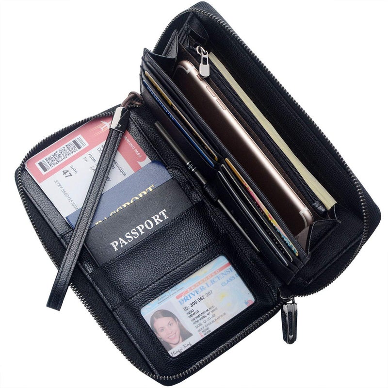 Bveyzi Travel Document Organizer RFID Blocking Leather Multiple Passport Wallet Family Holder Id Wrist Strap(Black) - Image 2