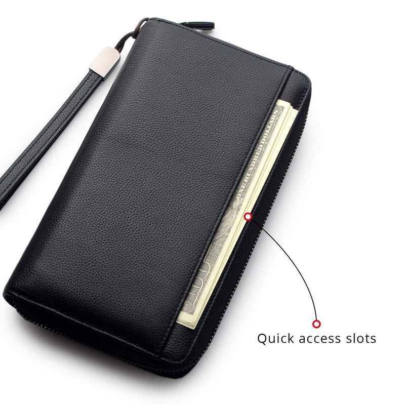 Bveyzi Travel Document Organizer RFID Blocking Leather Multiple Passport Wallet Family Holder Id Wrist Strap(Black) - Image 5