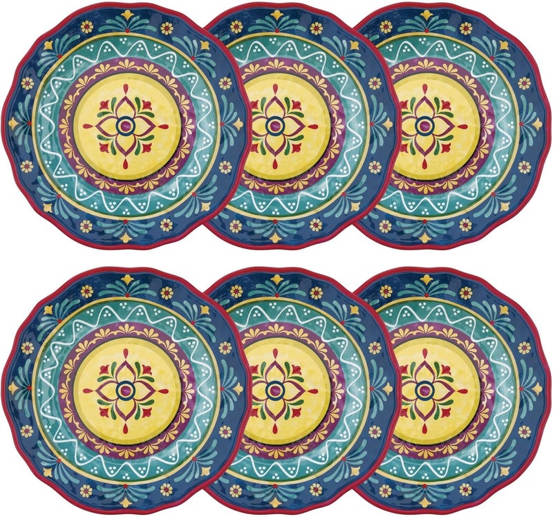 UP UPware Fiesta Floral Melamine Dinner Plate Set Round Plates for Main course Pasta and Salad BPAFree Dishwasher Safe Multicolor 11 Inch Set of 6 - Image 1