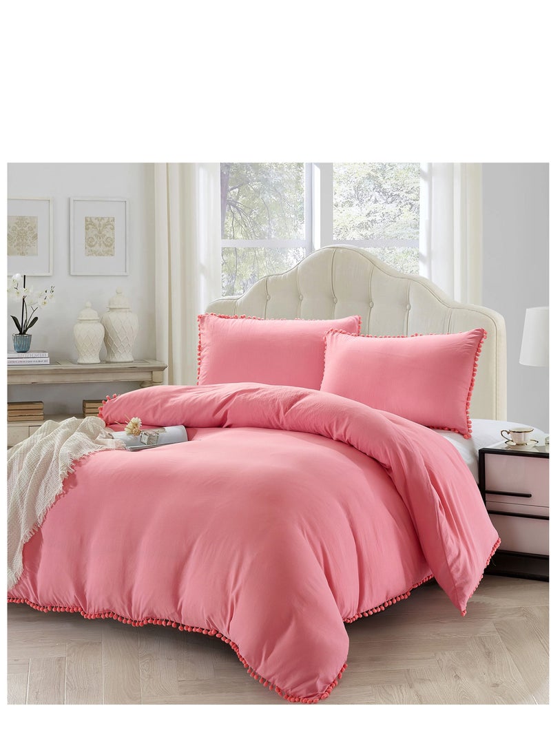 Donetella Comforter Set 4-Pcs Single Size Bed Fits (120 x 200 Cm) Bedding With Pompom Lace And Removable Filler, Coral Pink  - Image 1