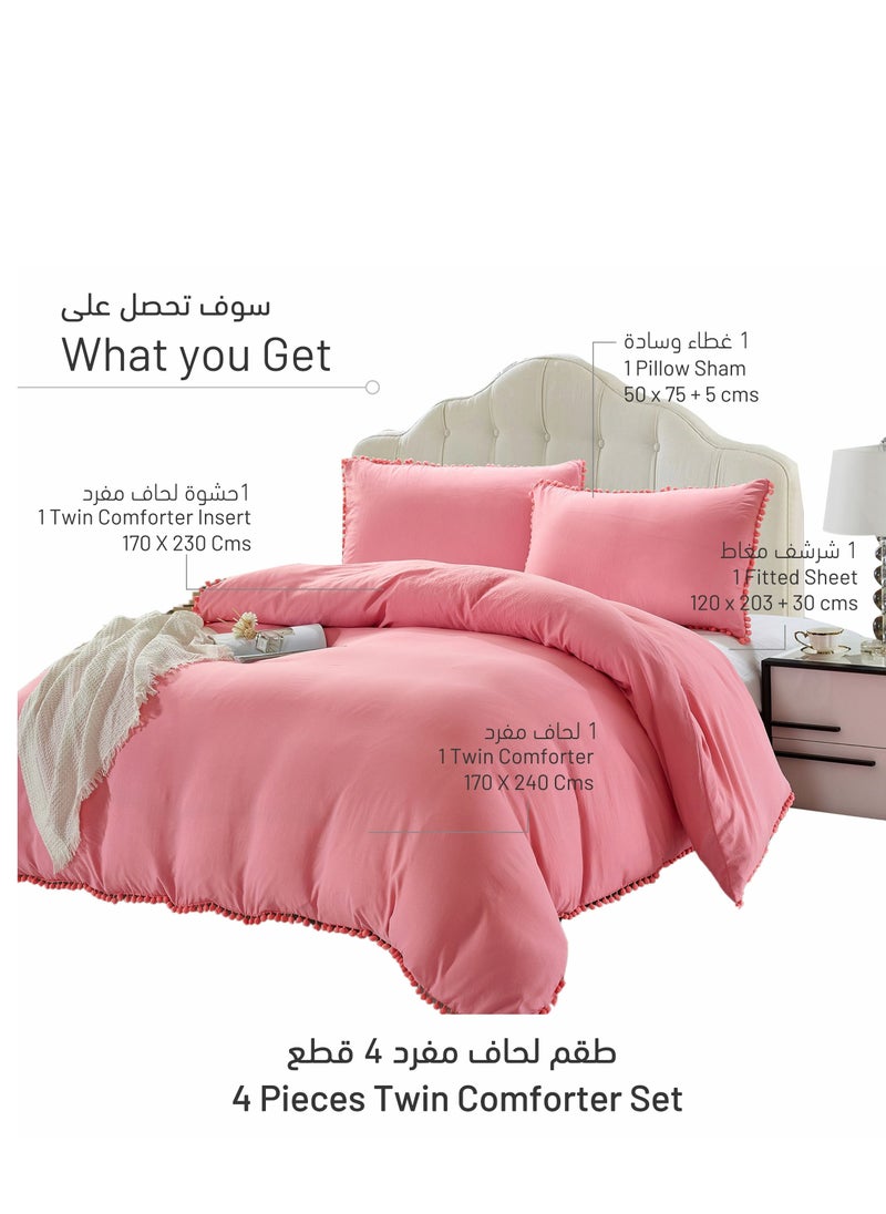 Donetella Comforter Set 4-Pcs Single Size Bed Fits (120 x 200 Cm) Bedding With Pompom Lace And Removable Filler, Coral Pink  - Image 3