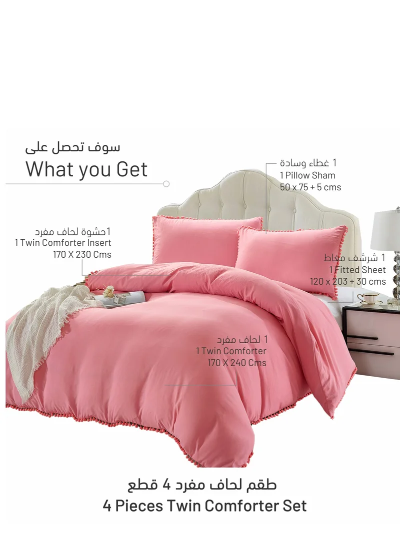 Donetella Comforter Set 4-Pcs Single Size Bed Fits (120 x 200 Cm) Bedding With Pompom Lace And Removable Filler, Coral Pink