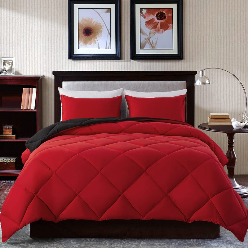 Decroom Lightweight King Comforter Set with 2 Pillow Sham  3 Pieces Set  Quilted Down Alternative ComforterDuvet Insert for All Season  RedBlack  King Size