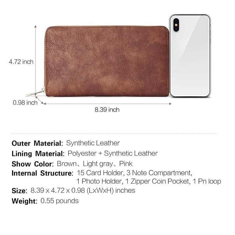 CLUCI محفظة نسائية كبيرة من كلوتشي جلدية مع تقنية حجب RFID مصممة بسحاب حولها لحفظ البطاقات منظم حقيبة سفر للسيدات حافظة معصم بني - Image 3