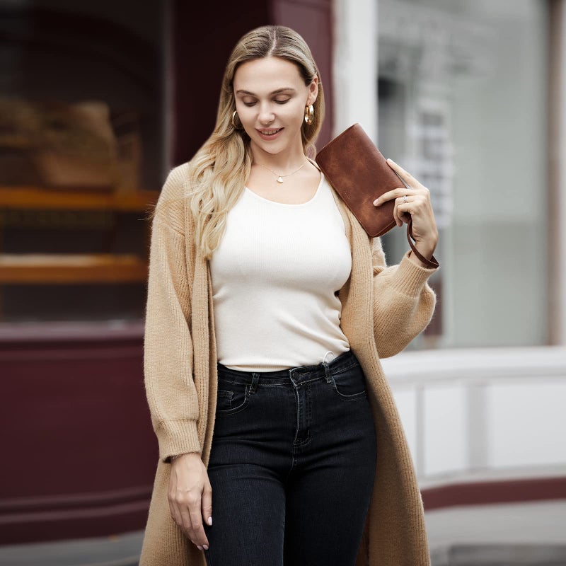 CLUCI محفظة نسائية كبيرة من كلوتشي جلدية مع تقنية حجب RFID مصممة بسحاب حولها لحفظ البطاقات منظم حقيبة سفر للسيدات حافظة معصم بني - Image 2