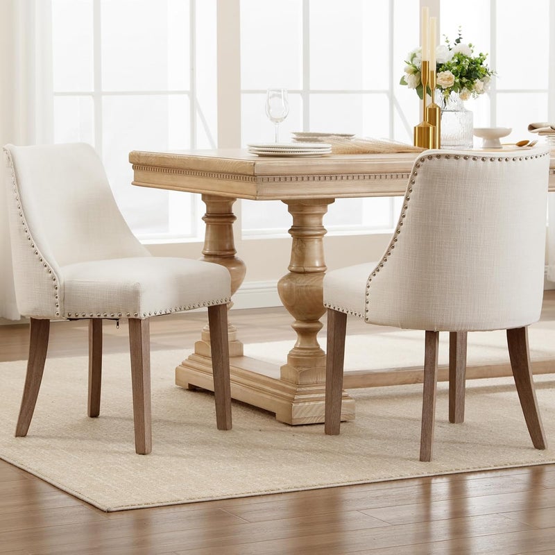 Kmax Fabric Dining Chairs Set of 2 Upholstered Side Chairs Farmhouse Accent Chairs with Nailhead Wood Legs for Dining Room Guest Room Restaurant Cream - Image 1