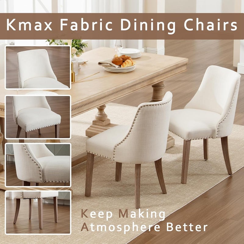 Kmax Fabric Dining Chairs Set of 2 Upholstered Side Chairs Farmhouse Accent Chairs with Nailhead Wood Legs for Dining Room Guest Room Restaurant Cream - Image 4