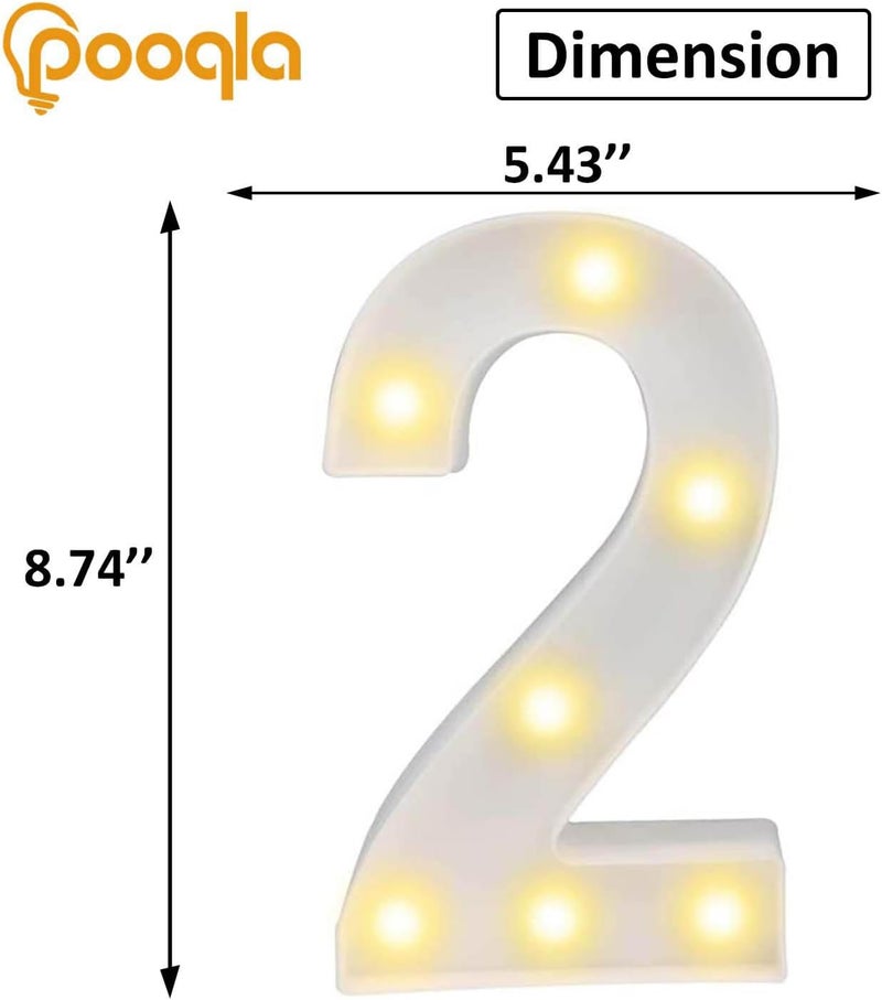 Pooqla Decorative Led Light Up Number Letters, White Plastic Marquee Number Lights Sign Party Wedding Decor Battery Operated Number (2) - Image 3