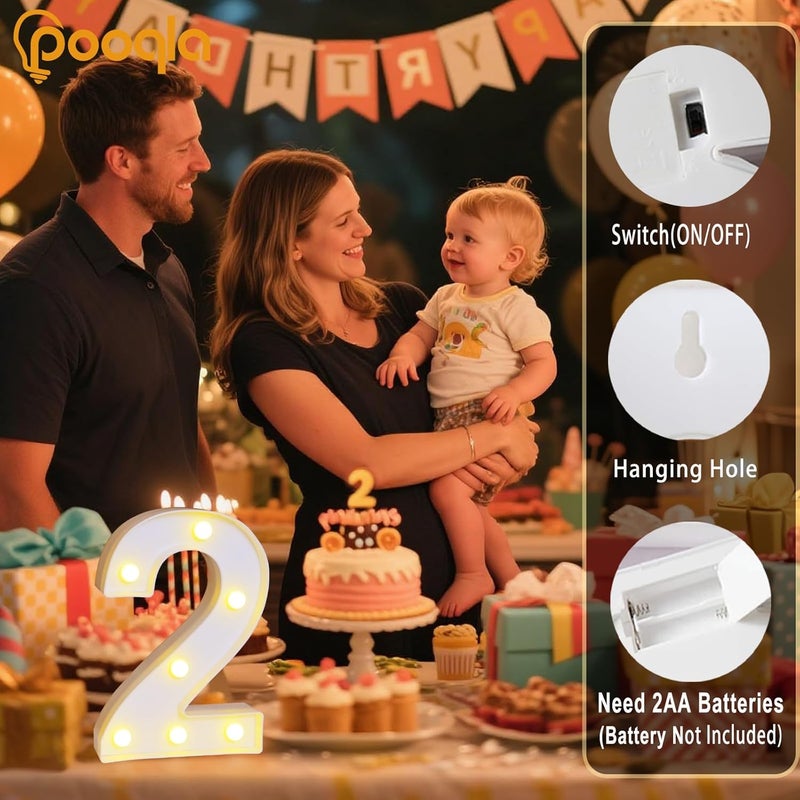 Pooqla Decorative Led Light Up Number Letters, White Plastic Marquee Number Lights Sign Party Wedding Decor Battery Operated Number (2) - Image 2