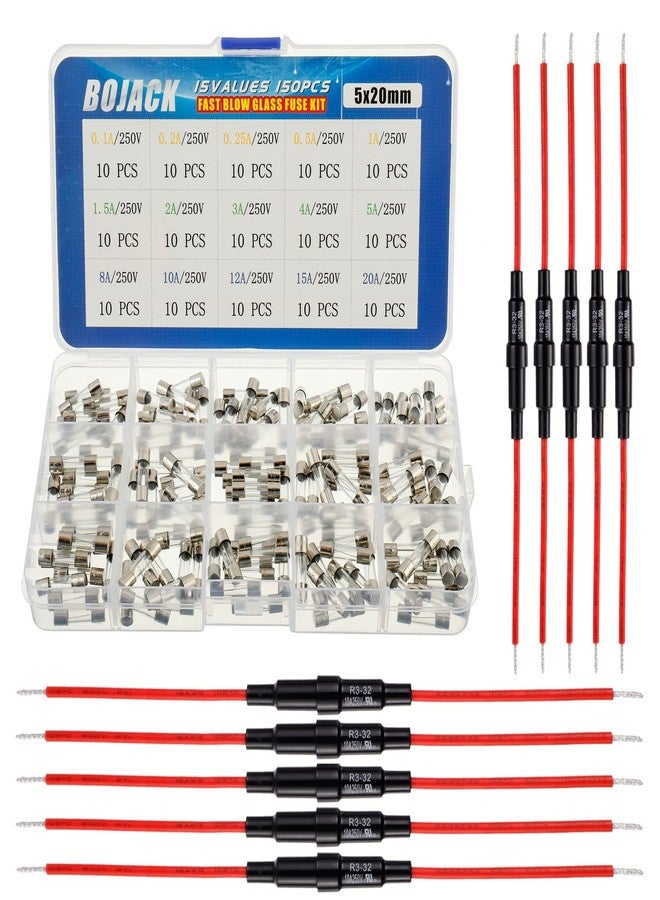 بوجاك حامل فيوزات BOJACK 5x20 مم من النوع اللولبي المدمج مع سلك أحمر 16 AWG + 15 قيمة، 150 قطعة من فيوزات زجاجية سريعة الاحتراق 5x20 مم، 250 فولت، 0.1، 0.2، 0.25، 0.5، 1، 1.5، 2، 3، 4، 5، 8، 10، 12، 15، 20 أمبير، مجموعة متنوعة - Image 1