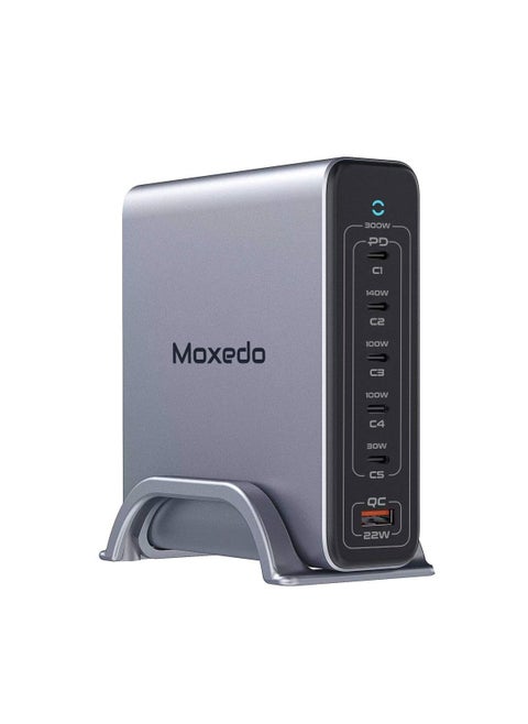 Moxedo Volton II PD GaN Desktop Charger 300W PD 3.1 PPS 5 USB-C and 1 USB-A Port with 1.2 Meter Power Cord and Detachable Metal Base.