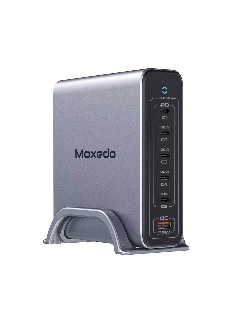 Moxedo Moxedo Volton II PD GaN Desktop Charger 300W PD 3.1 PPS 5 USB-C and 1 USB-A Port with 1.2 Meter Power Cord and Detachable Metal Base.  - Image 1
