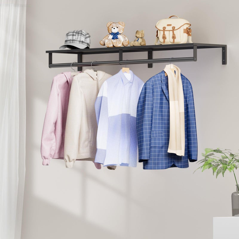 Audmore Wall Mounted Clothes Rack with Top Shelf, 46.5'' Industrial Clothing Rack Heavy Duty, Metal Shelf with Hanging Rod, Garment Rack Laundry Room Shelves, Space Saving - Image 3